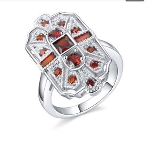 New art deco style silver ring simulated ruby